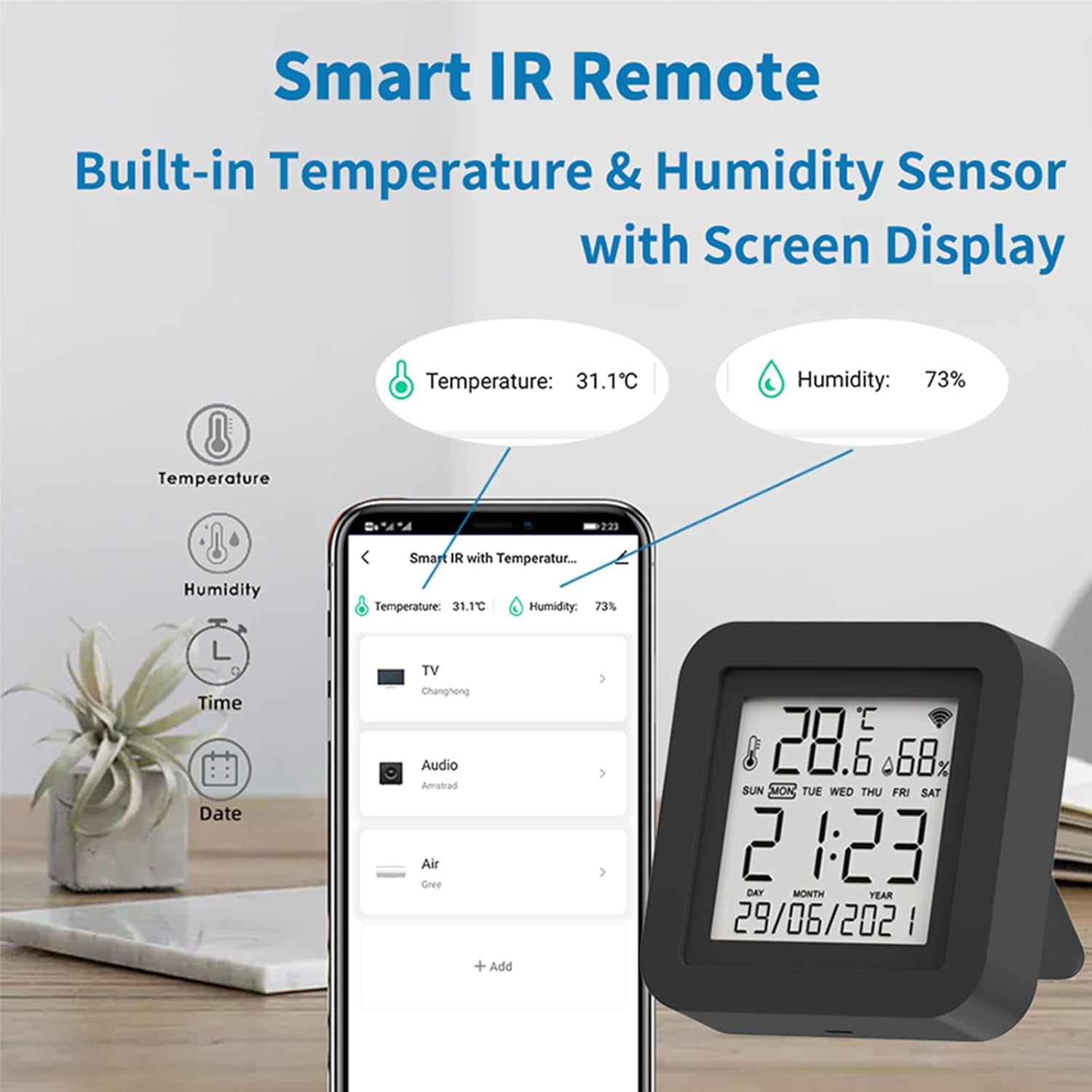 ABCISI Smart WiFi Temperature Humidity Monitor, Wireless Temperature Humidity Sensor with APP Notification Alerts & IR Intelligent Remote Control (Black)