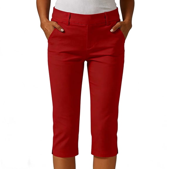 hoksml Women's Pull On Chino Capri Pants, Elastic Waist Stretchy Casual Trousers with Pockets