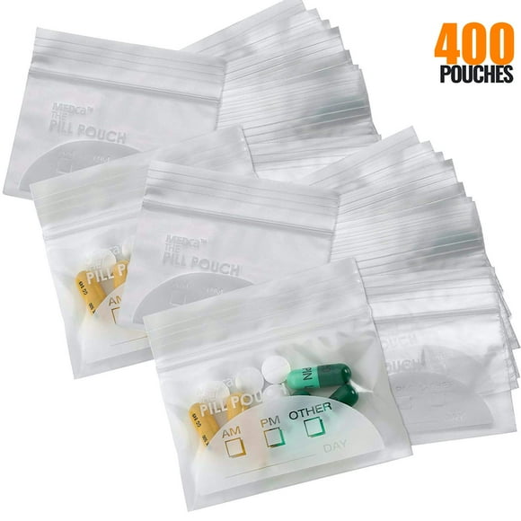 Sacs à Pilules - (Lot de 400) 3 Pouces x 2.75 Pouces - Sans BPA, Sac Poly Jetable à Fermeture Éclair, Organisateur de Médicaments de Voyage Quotidien AM PM, Meilleur Transparent Réutilisable avec Étiquettes à Écrire