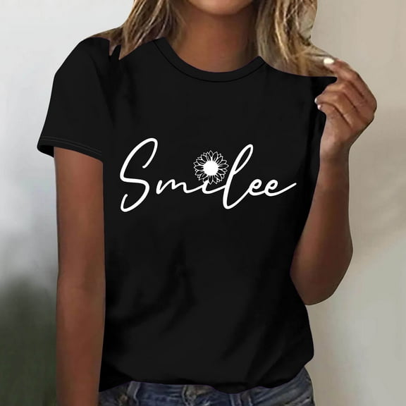 QUINDOS Black Women Plus Size T Shirts Short Sleeve Summer Women's Tops Cool Crew Neck Sunflower Tops