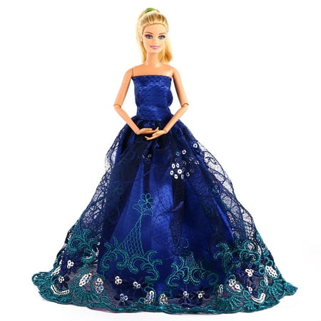 Dolls Doll Party Costume Clothing Embroidery Lace Wedding Dress Trailing Dress Color:bright blue