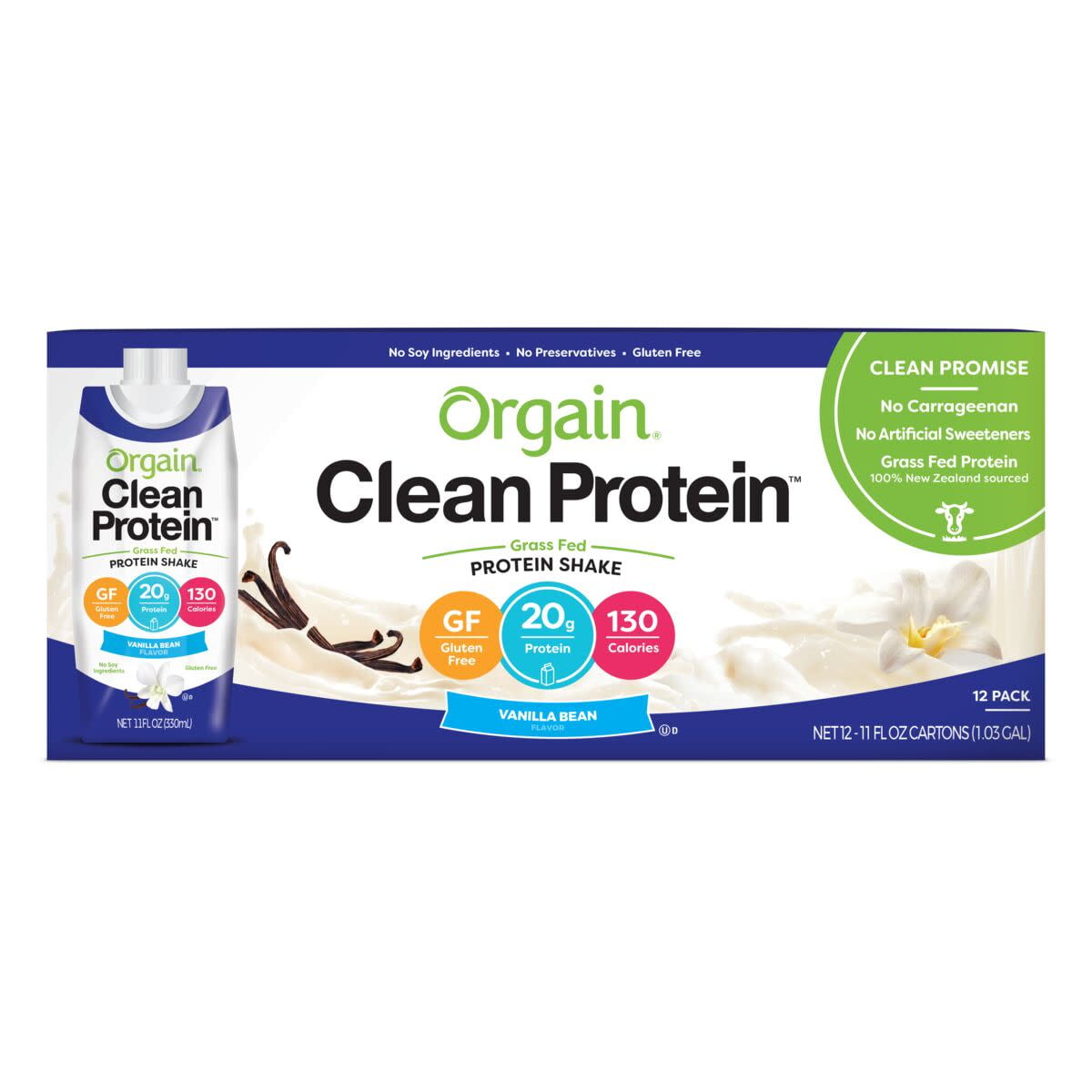 Orgain Clean Protein GrassFed Protein Shake, Vanilla Bean, 11oz
