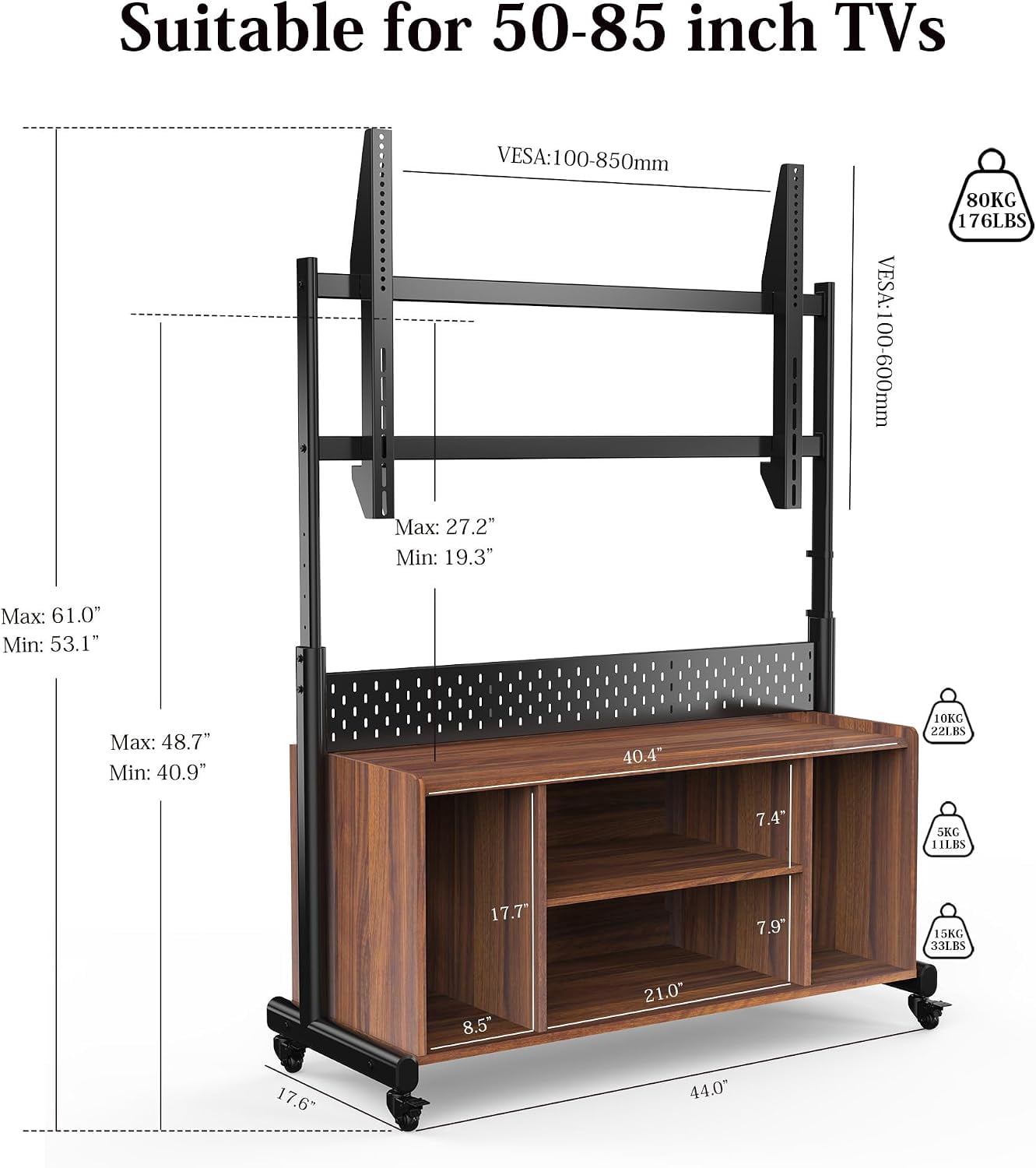 FITUEYES Rolling Entertainment Center for 50–85 Inch TVs, Black, Storage & Pegboard