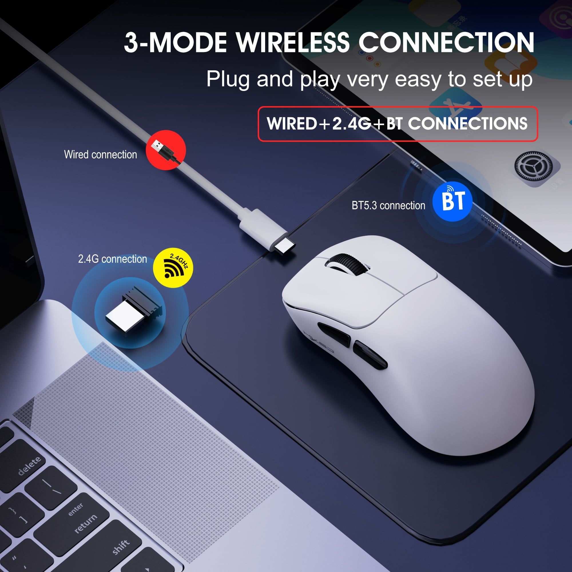 Wireless Gaming Mouse with 57g Lightweight Design,10000DPI,3 Mode USB-C/2.4G/Dual Bluetooth 5.3,Portable Rechargeable Mouse for PC/Mac/Laptop Gamer/White