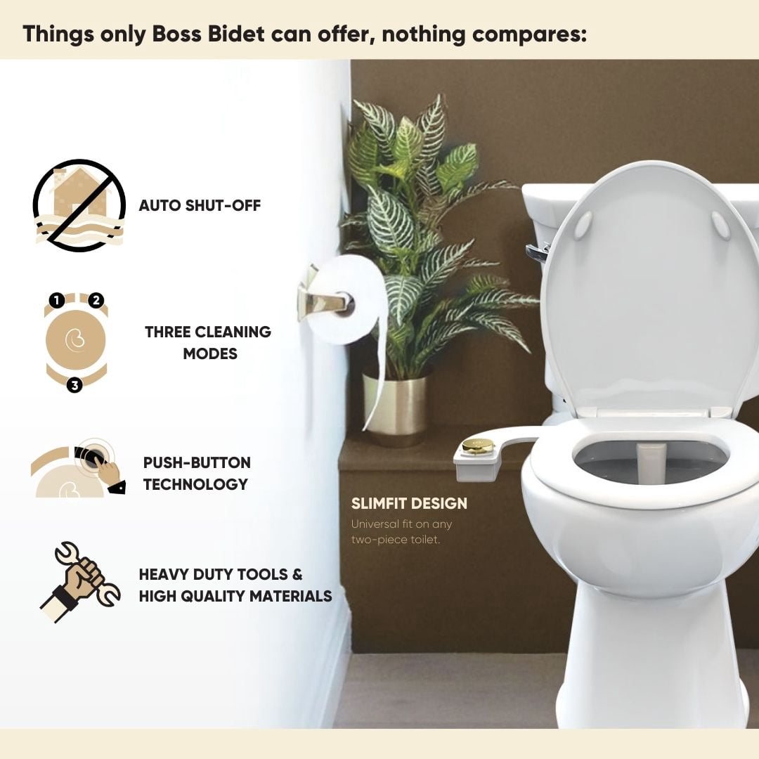 Boss Bidet Revolution (+) Warm Water Bidet Attachment For Toilet Push Button Start Auto Shut Off Aesthetic Design Bidet Sprayer Non Electric Dual Nozzle Feminine Wash Self Cleaning - New York Platinum