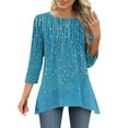 thumbnail image 4 of CYMMPU Blouses for Women Dressy Casual Crew Neck Fall Trendy Shirts Spring Tops Loose Fit Tunic Tops 3/4 Sleeve Floral Pattern Flare Hem Hide Belly Tops to Wear with Leggings T-Shirts Blue M, 4 of 7
