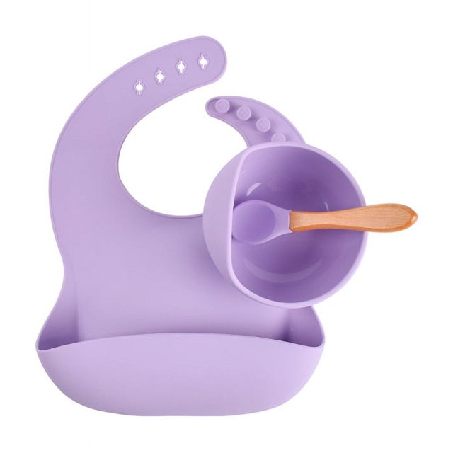 Vajilla infantil de silicona para la cena del bebé, babero de silicona, cuenco complementario, tenedor y cuchara, juego de vajilla de tres piezas para alimentos complementarios para bebés