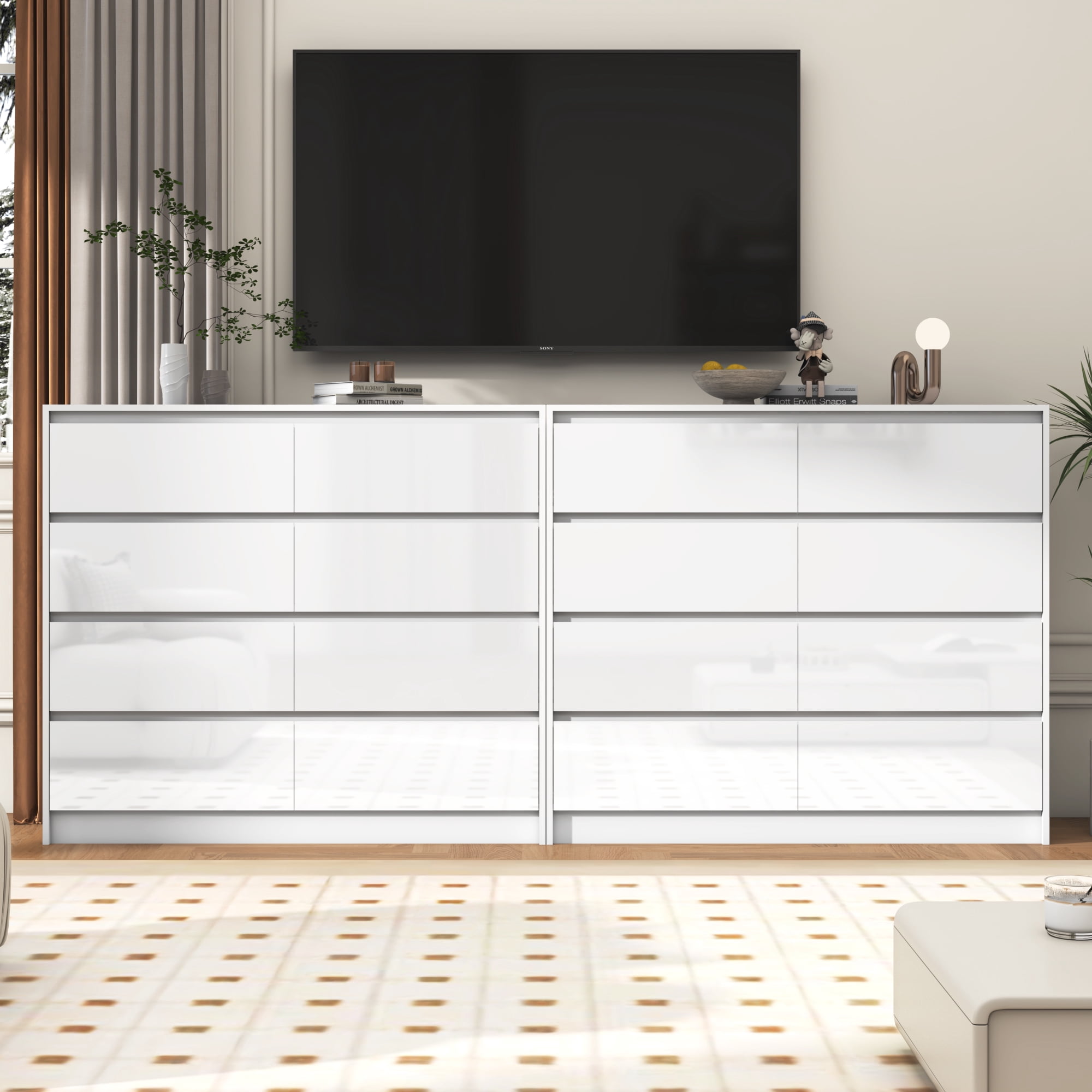 ChVans 8 Drawer Double Dresser for Bedroom, 47" Wide 41" Tall Modern High Gloss White Dresser with Wood Chest of 8 Drawer Handle Free for Bedroom, Living Room, Entryway, Hallway