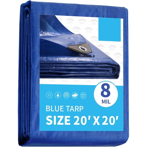 8 Mil Thick, 20x20 Feet Large Tarps,UV Resistant, Multipurpose Waterproof Poly Tarp Cover with Metal Grommets and Reinforced Edges, Durable Blue Tarp