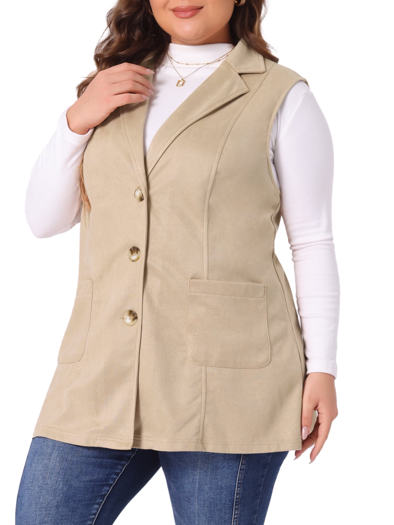 DARING DIVA Women's Plus Size Lapel Sleeveless Lightweight Suede Vests 1X Khaki