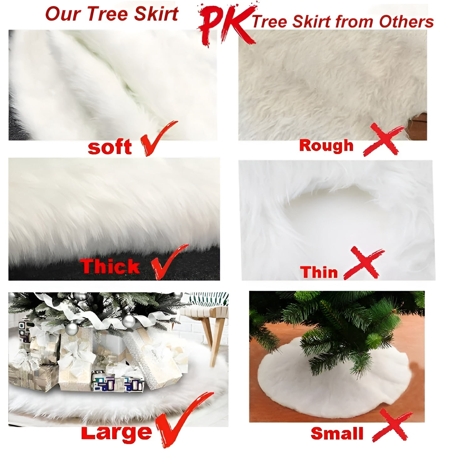 Sanmadrola Christmas Tree Skirt 48 Inch Faux Fur Xmas Plush Tree Skirt Winter Large Christmas Tree Mat Holiday Party Christmas Tree Decorations, Snowy White