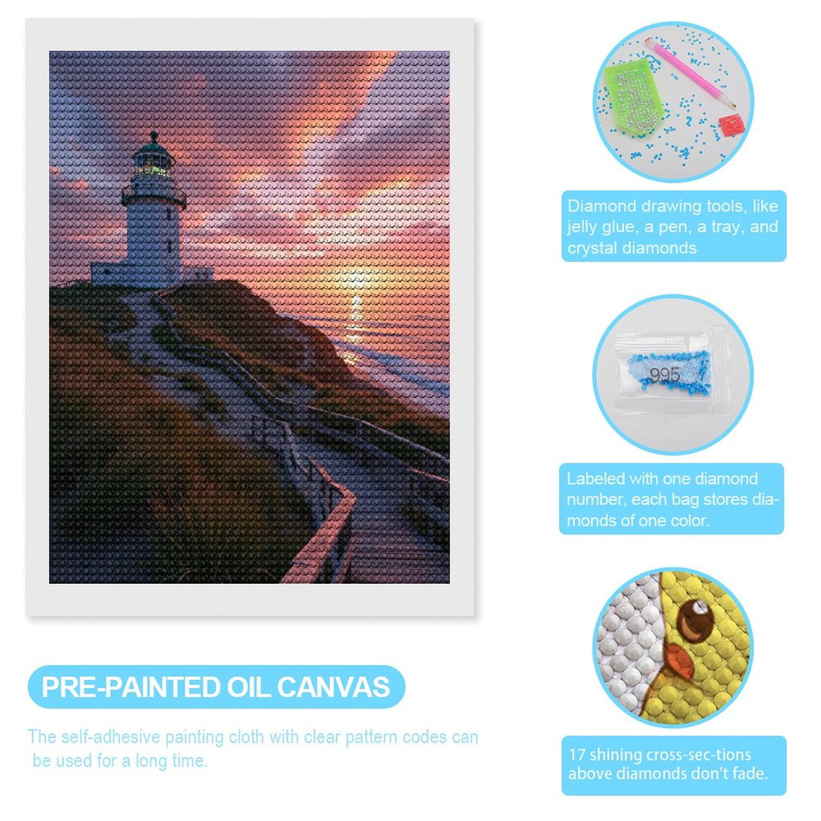 Diamond Art Kits for Adults, Lighthouse Sunset Coastal Serene Pathway 5D Diamond Painting Kits for Adults Beginners, DIY Full Drill Diamond Painting, Gem Art and Crafts 12x16