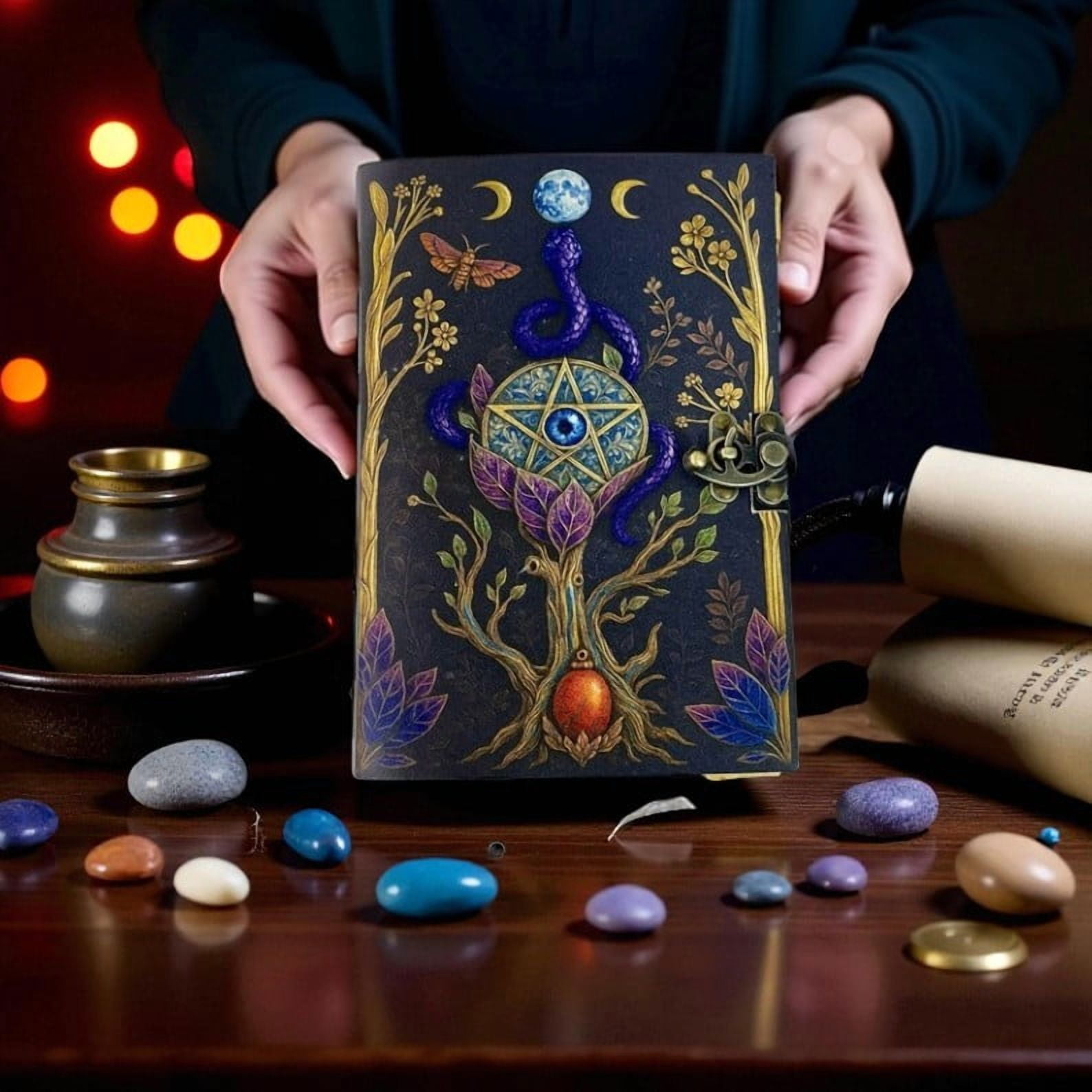 Handmade Leather Journal with Mystical Pentagram & Serpent Artwork – 5x7 Inch Vintage Notebook, 200 Deckle Edge Pages, Antique Metal Lock