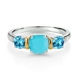 thumbnail image 2 of Gem Stone King 1.65 Cttw Green Turquoise and Swiss Blue Topaz 925 Silver and 10K Yellow Gold Diamond 3-Stone Ring for Women | Gemstone Birthstone (Size 5), 2 of 3