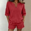thumbnail image 2 of Women's Cotton Elastic Waist Two Piece Outfit V Neck Ruffle Short Sleeve Top with Shorts, Solid Casual Summer Set, Lounge Maternity Activewear Shorts | VerBelle,Red S, 2 of 8