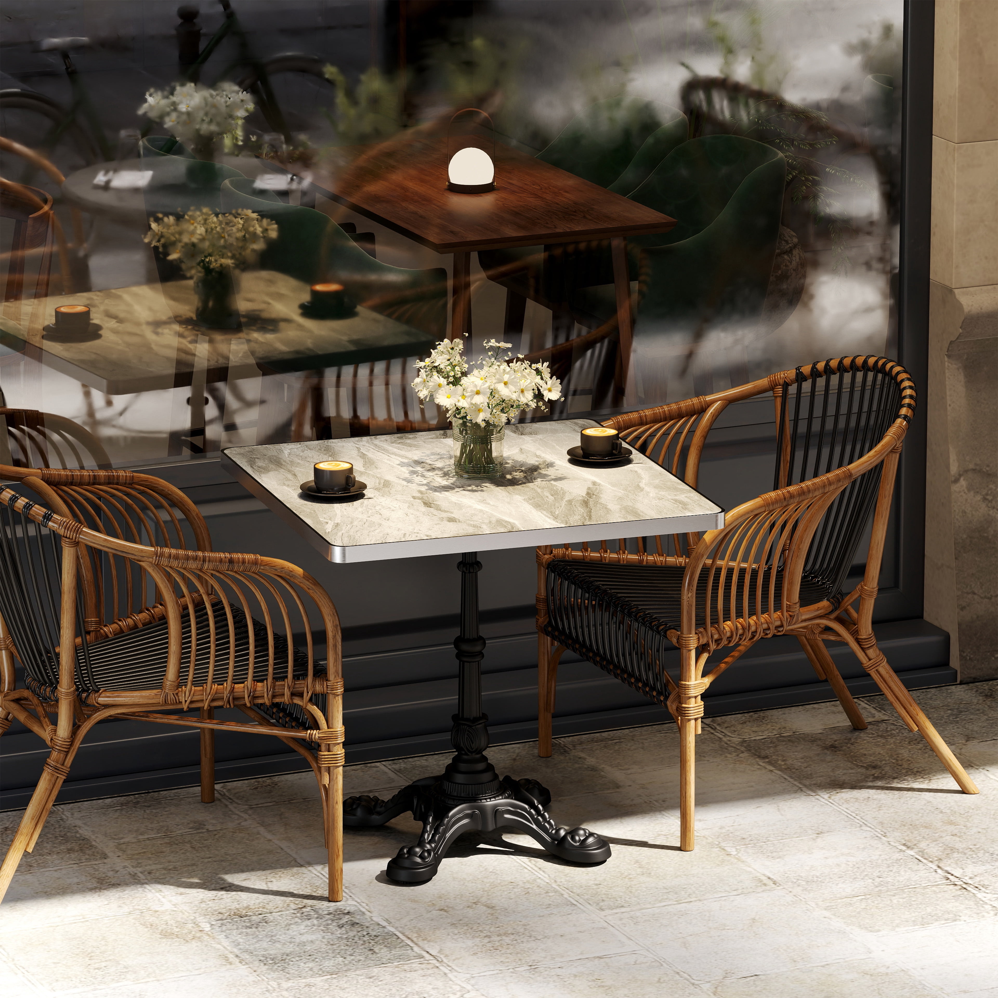Leumius Outdoor Dining Table,Marble Stone Square Table with Heavy-Duty Cast Iron Base for Patio, Lawn, Garden,Grey