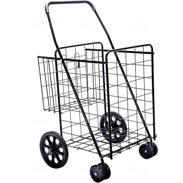 Jumbo Deluxe Folding Shopping Cart with Dual Swivel Wheels and Double