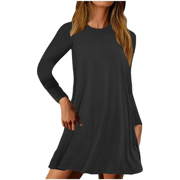 Tumotour Dresses For Women Casual Crewneck Long Sleeve T Shirt Dress Solid Color Flowy Swing Dresses