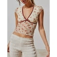 thumbnail image 2 of Arvbitana Women's Short T-shirts Floral Lace Patchwork 1/4 Sleeve V-neck Shirts Casual Slim Fit Tops for Teen Girls Streetwear, 2 of 5
