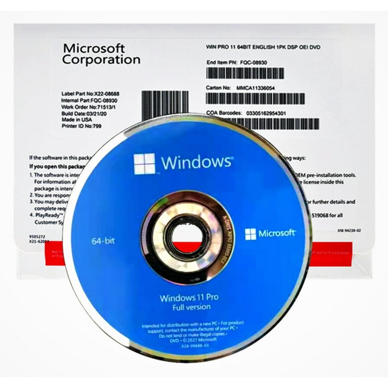 Licence DVD - Microsoft Sof MS Win 11 Pro 64 Bits.