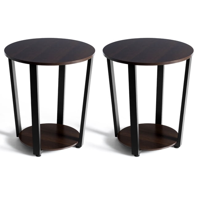 2PCS Industrial Round End Table Metal Sofa Side Table w/ Storage Shelf Walnut