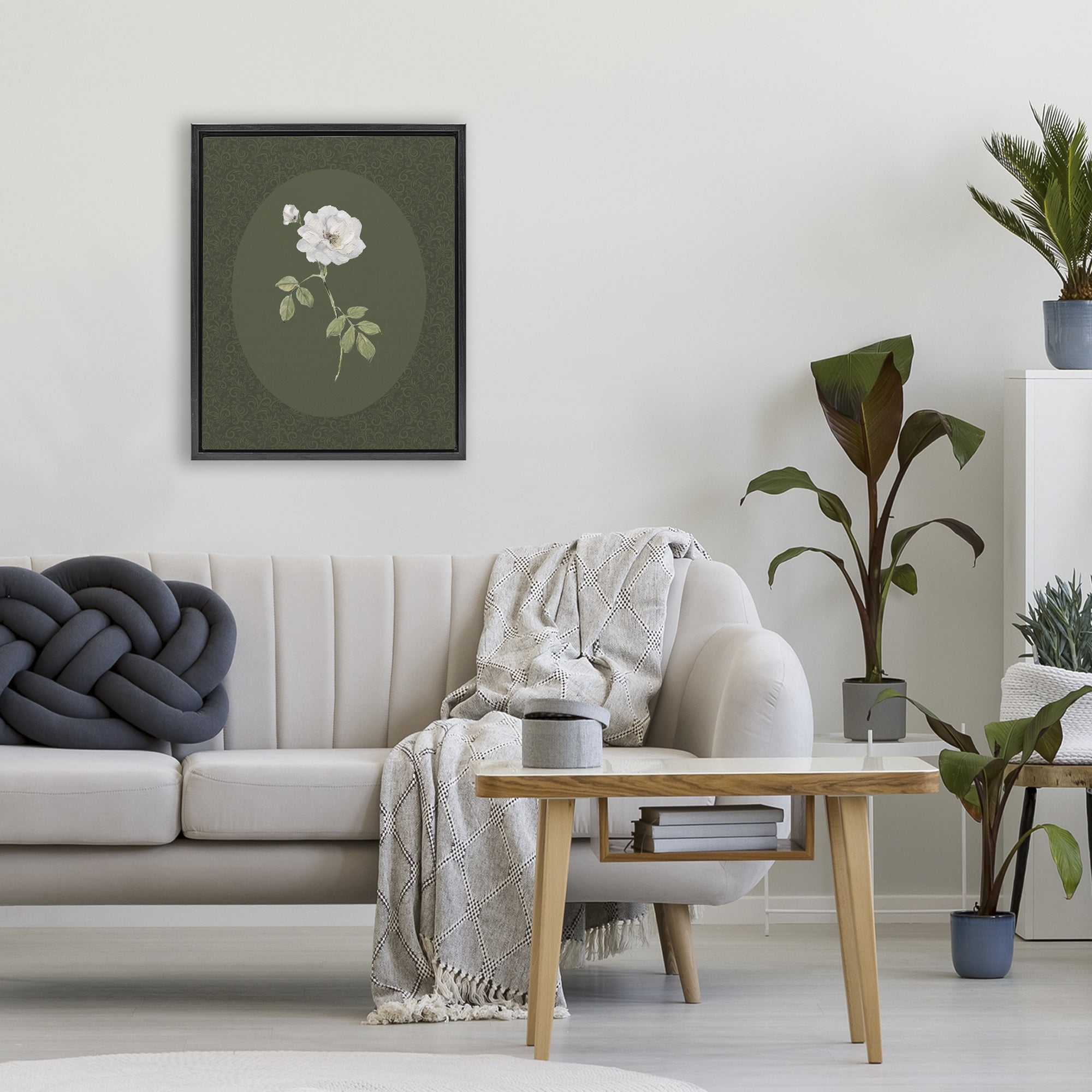 Stupell Industries White Rose on Emerald Black Framed Floater Canvas Wall Art, design by Sally Swatland