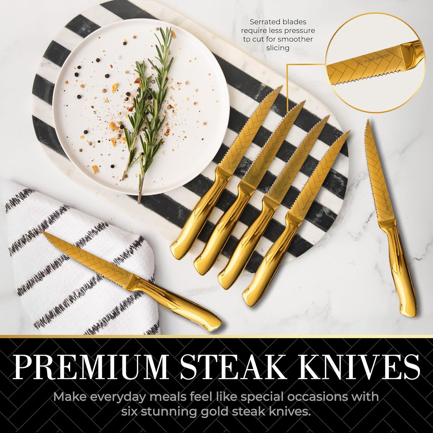Styled Settings Gold Knife Set for Kitchen – 14-Piece Titanium-Coated Blades with Etched Leaves Pattern, Ultra-Sharp Stainless Steel, Durable & Stylish Kitchen Knife Block Set
