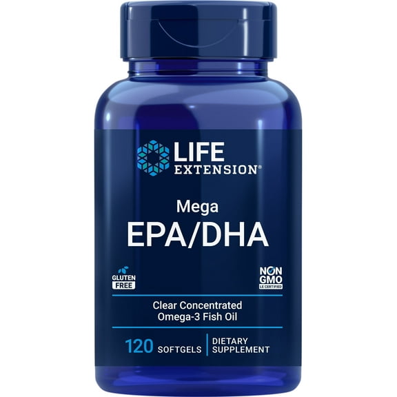 Life Extension Mega EPA/DHA, omega-3 fatty acids, heart & brain health, inflammation health support, non-GMO, gluten-free, 120 softgels