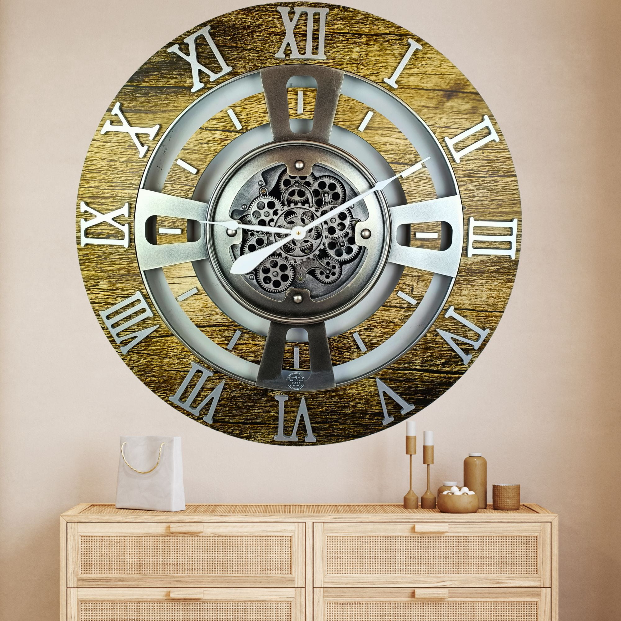 THE GEARS CLOCK Wall Clock with Real Moving Gears EN-LI_ 36 in Round Gold-Antique