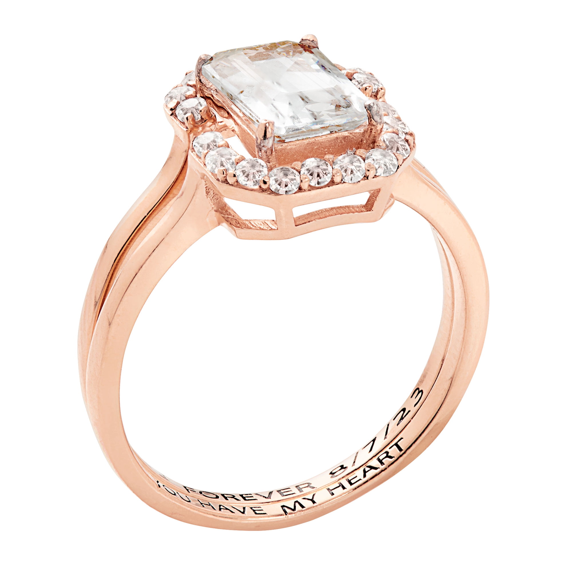 Vow & Forever Personalized Planet Bridal 14K Rose Gold over Sterling Silver Emerald Cut White Topaz 2 Piece Engraved Wedding Set ,Women's