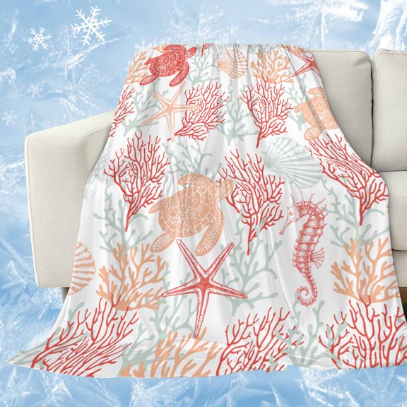 Red Orange Coastal Cooling Blanket,Lightweight Breathable Summer Throw Blanket with Double Sided Cold Effect,Sea Turtle Nautical Coral Summer Beach Picnic Blankets Bed Sheet for Hot Sleepers 60"x80"