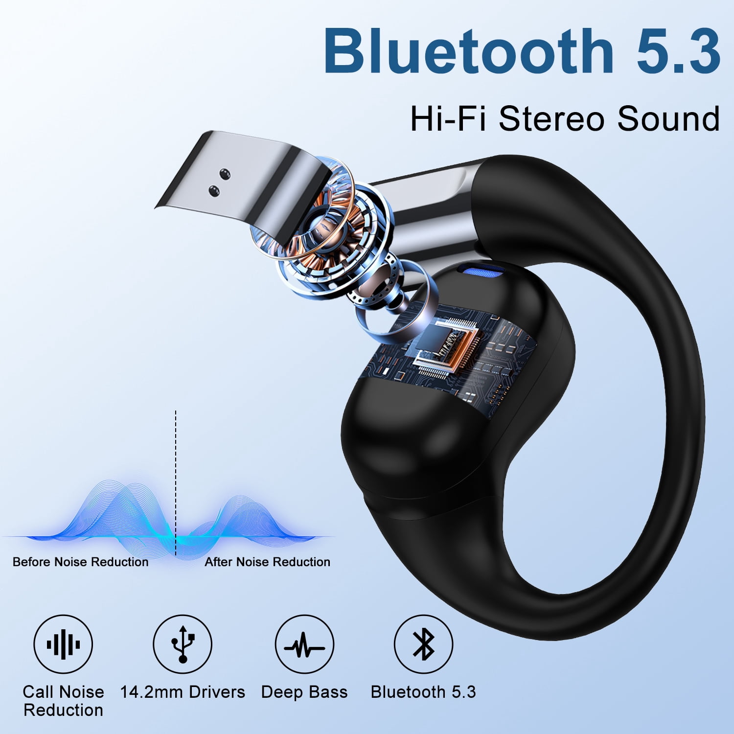 Wireless Earbuds,Bluetooth 5.3 Headphones for iPhone Android 60Hrs Playtime Waterproof IPX5 Open-Ear Stereo Earphones Headset Noise Cancelling True Wireless Earbuds with Ear Hooks&Charging Case,Black