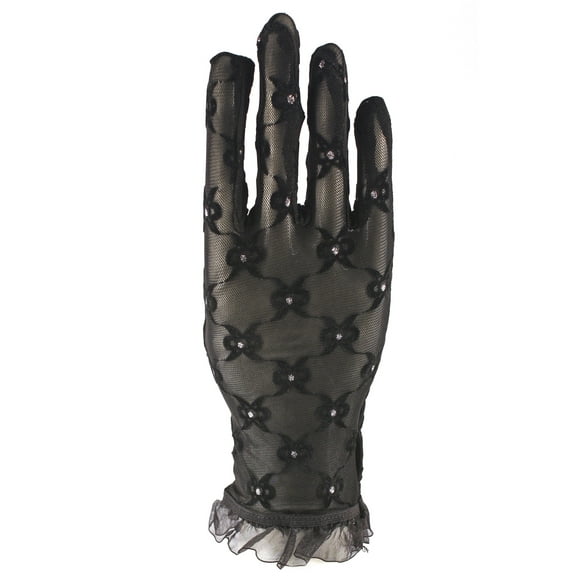 Black Sheer Gloves Wrist Ruffle - Bow Design, Glitter Accent - Party, Dress Up