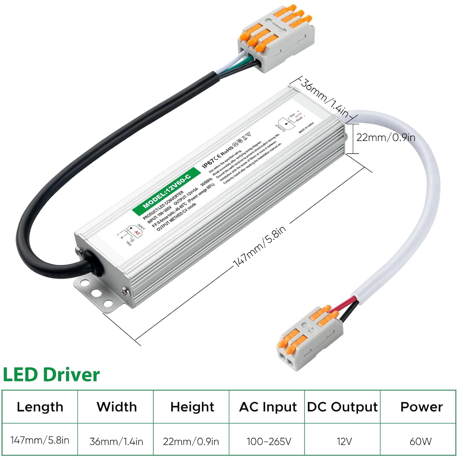 Driver 60 watts, 12 power supply 5 waterproof 67, 120 AC to 12 DC converter, suitable for light strips, landscaping, garden and outdoor lighting
