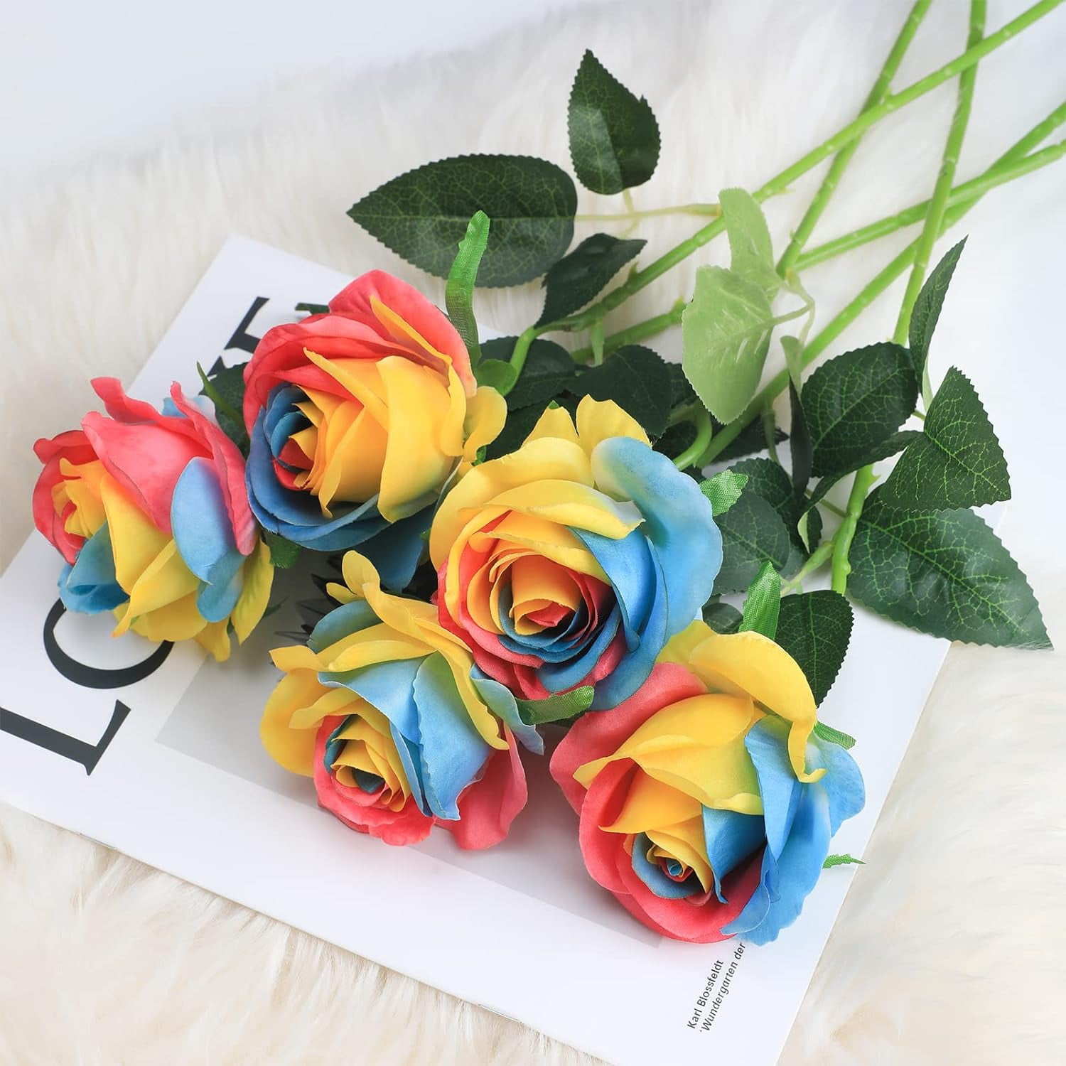 Rainbow Roses Artificial Flowers - Artificial Roses Silk Flowers with Stems for Home Wedding Hotel Office Centerpiece Decorï¼Rainbowï¼