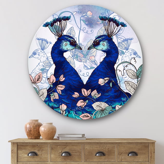 Designart - Two Blue Peacocks With Wildflowers - Traditional Metal Circle Wall Art
