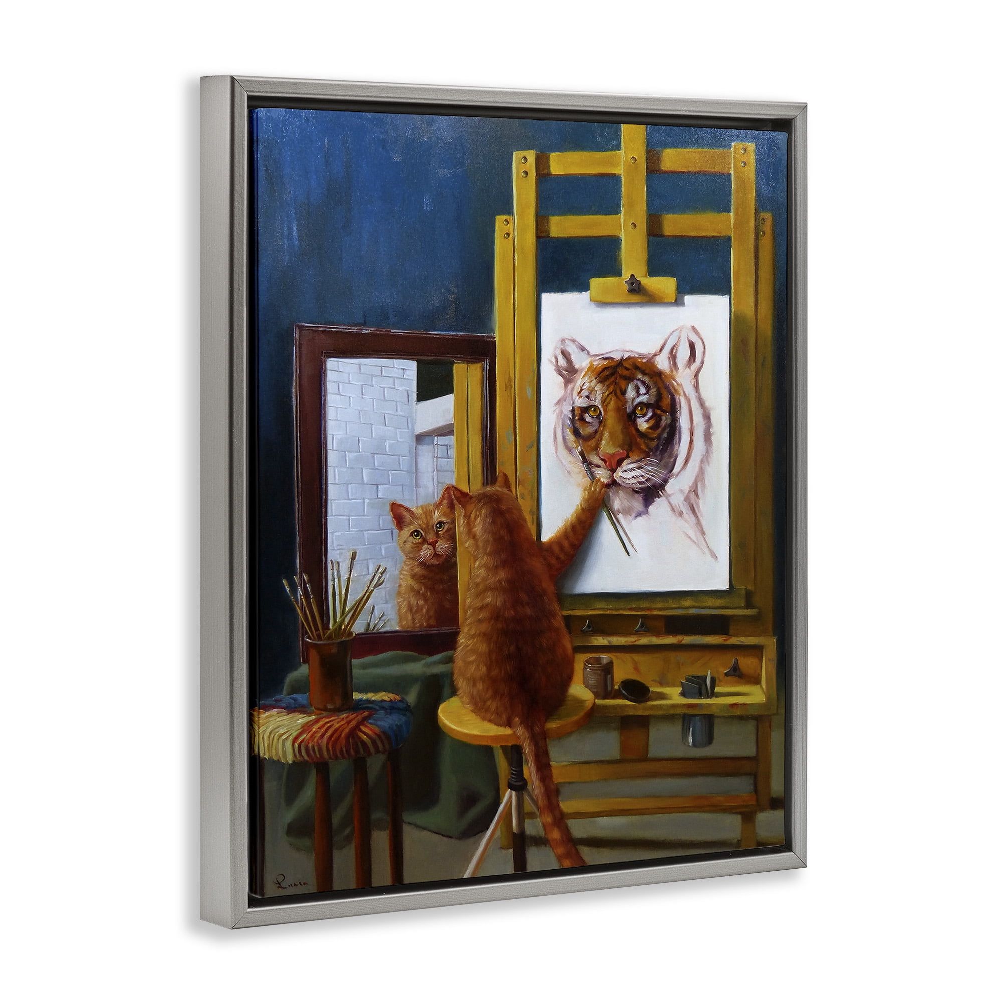 Stupell Industries Cat Confidence Self Portrait as a Tiger Funny Painting Luster Gray Framed Floating Canvas Wall Art, 16x20, by Lucia Heffernan