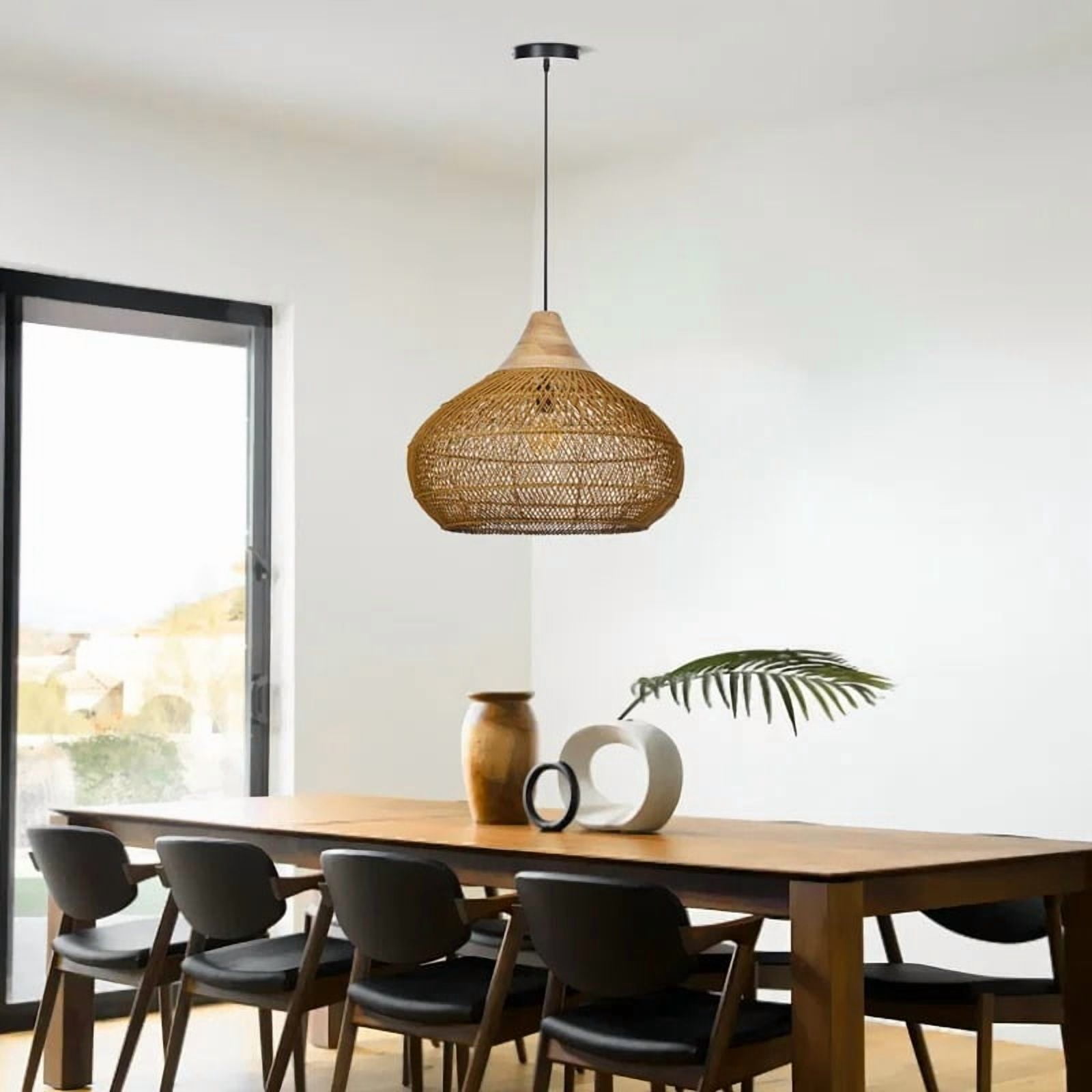 LittleGlovo Rattan Chandelier Hand-Woven Boho Pendant Light Fixtures with Solid Wood Basket Wicker Chandelier for Dining Room Kitchen Island Living Room