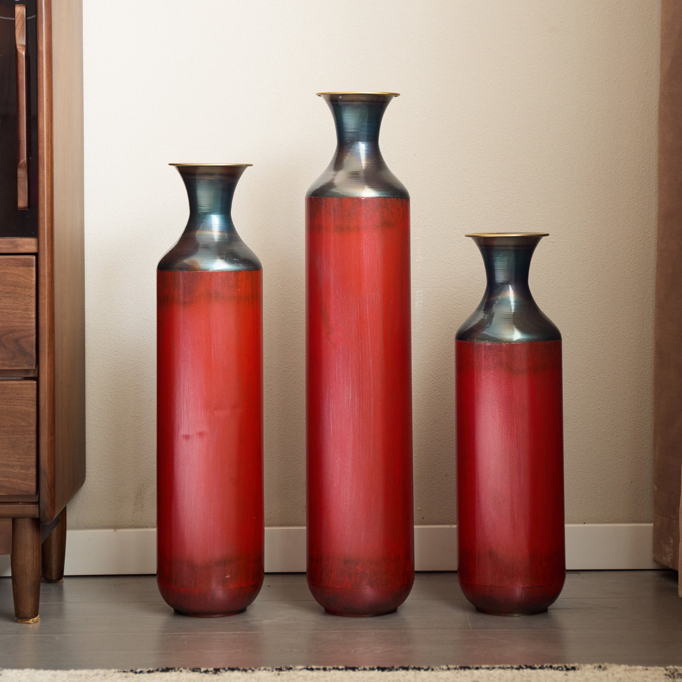 Noble House Set of 3 Torch-Fired Metal Floor Vases, 28.35", 24.41", 20.47" Tall, Red