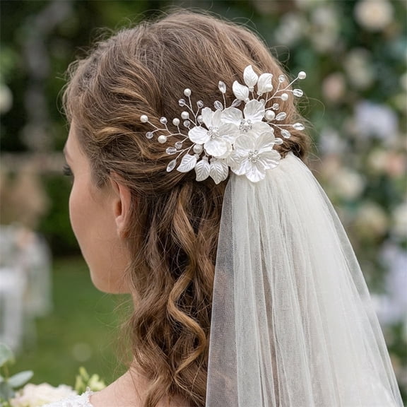 MIALLO White Flower Wedding Bridal Bridesmaid Hair Clips, Marquise-cut Crystals Barrette for Women & Girls