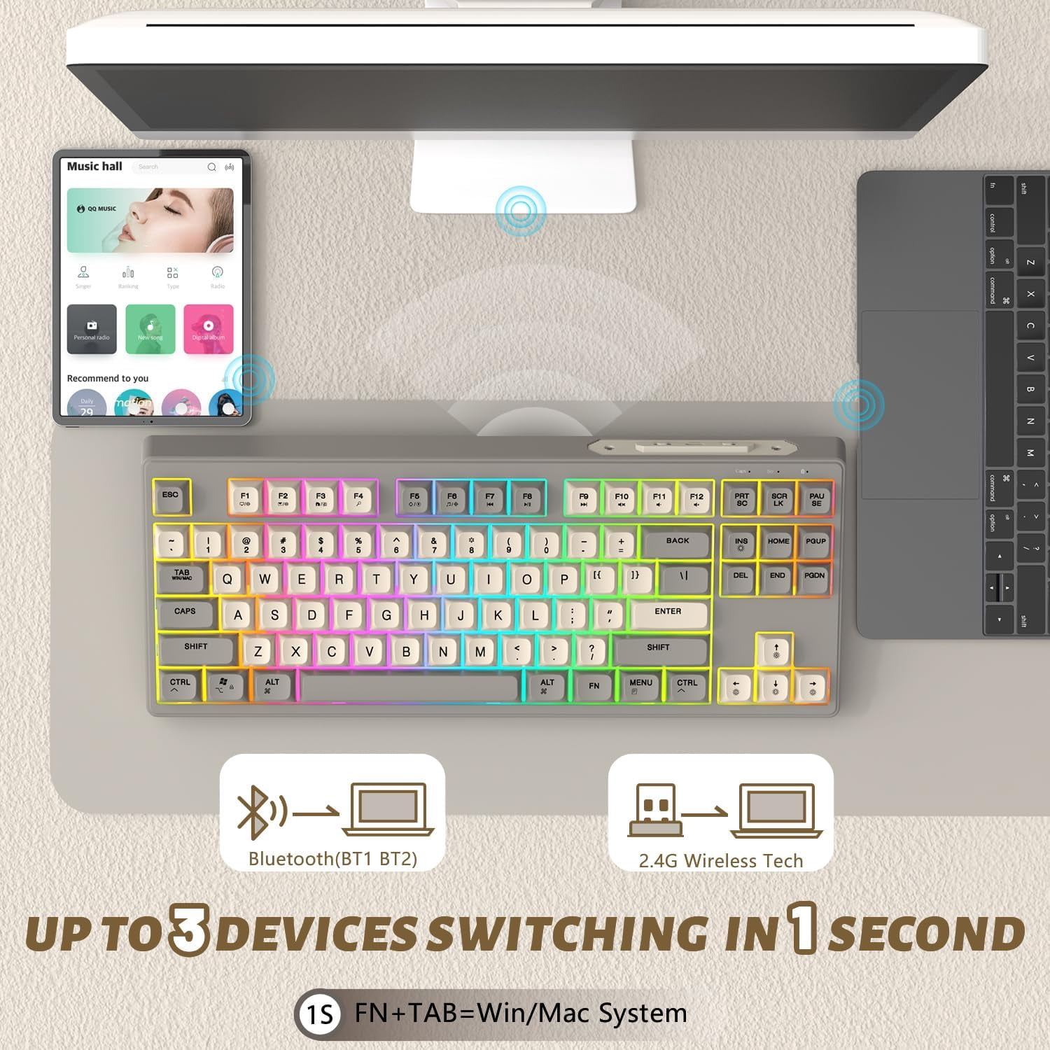 ATTACK SHARK Anti-ghosting Wireless Gaming Keyboard, Creamy Gray