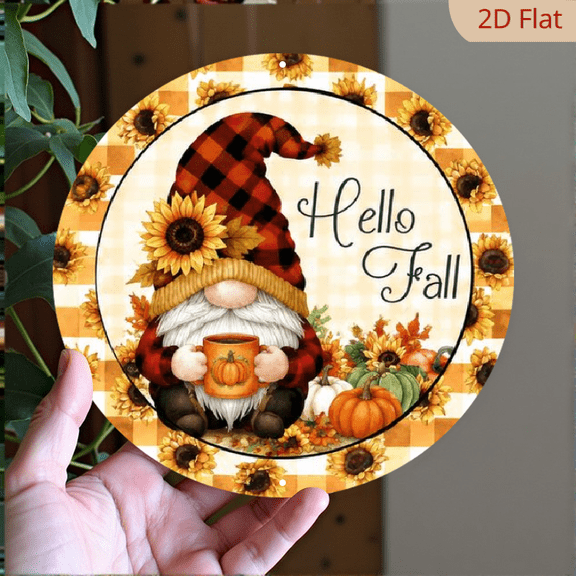 Vintage Metal Signs Hello Fall Gnome Sign - Round Aluminum Sign - Wreath Center Wreath Sign- Wreath Center Metal Decorative Signs & Plaques 8x8 Inch