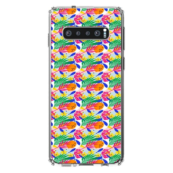 DistinctInk Clear Shockproof Hybrid Case for Samsung Galaxy S10 (6.1" Screen) - TPU Bumper, Acrylic Back, Tempered Glass Screen Protector - Summer Vibes Floral Pattern Pink Green Orange