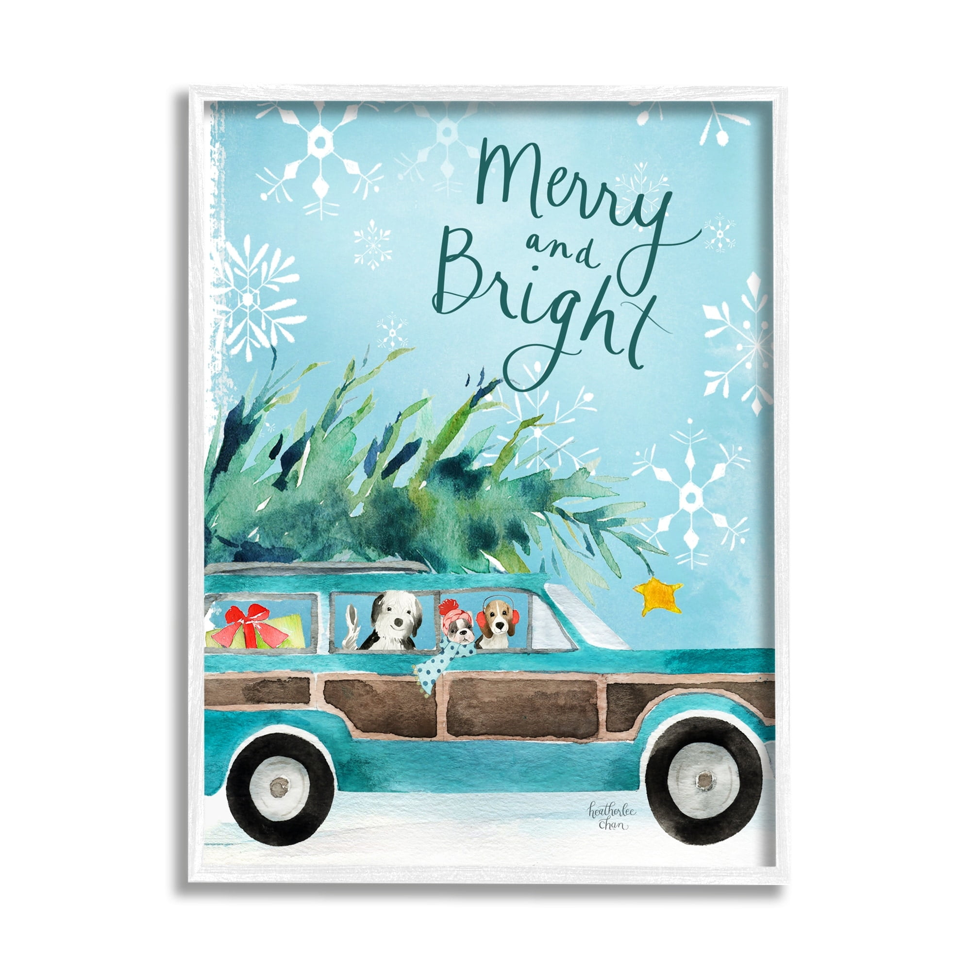 Stupell Industries Merry & Bright Christmas Scene Holiday Puppies Graphic Art White Framed Art Print Wall Art, Design by Heatherlee Chan