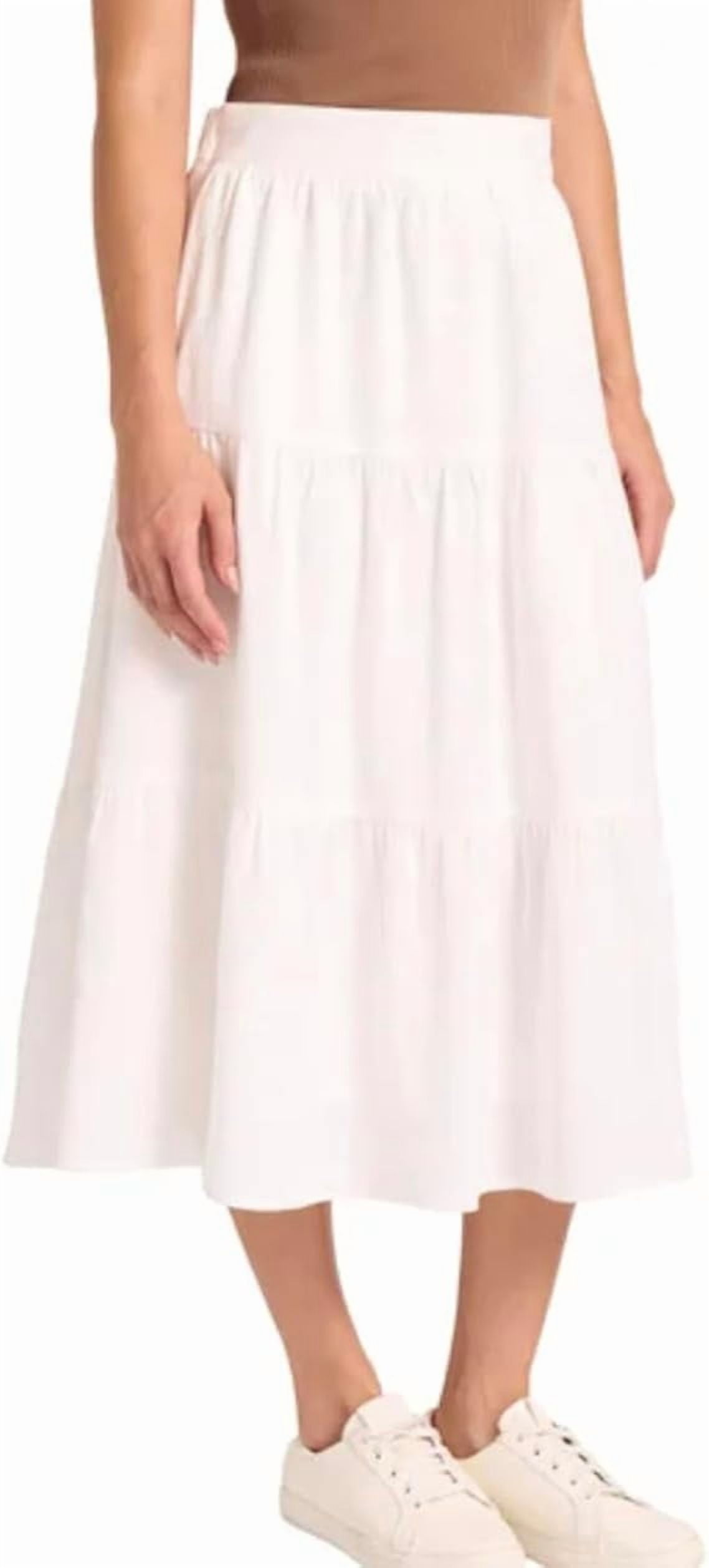 Matty M Women's Linen Blend Midi Skirt with Pockets (White,X-Large