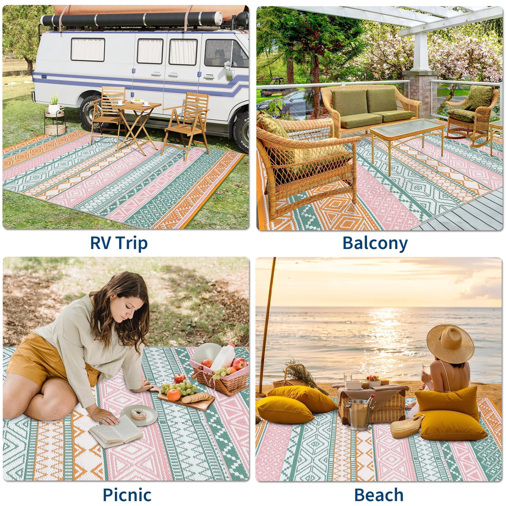 Waterproof & Reversible Outdoor Rug – Durable Patio Carpet for Camping, RV, Deck, Picnic, Porch, Backyard – Lightweight, UV & mark Resistant