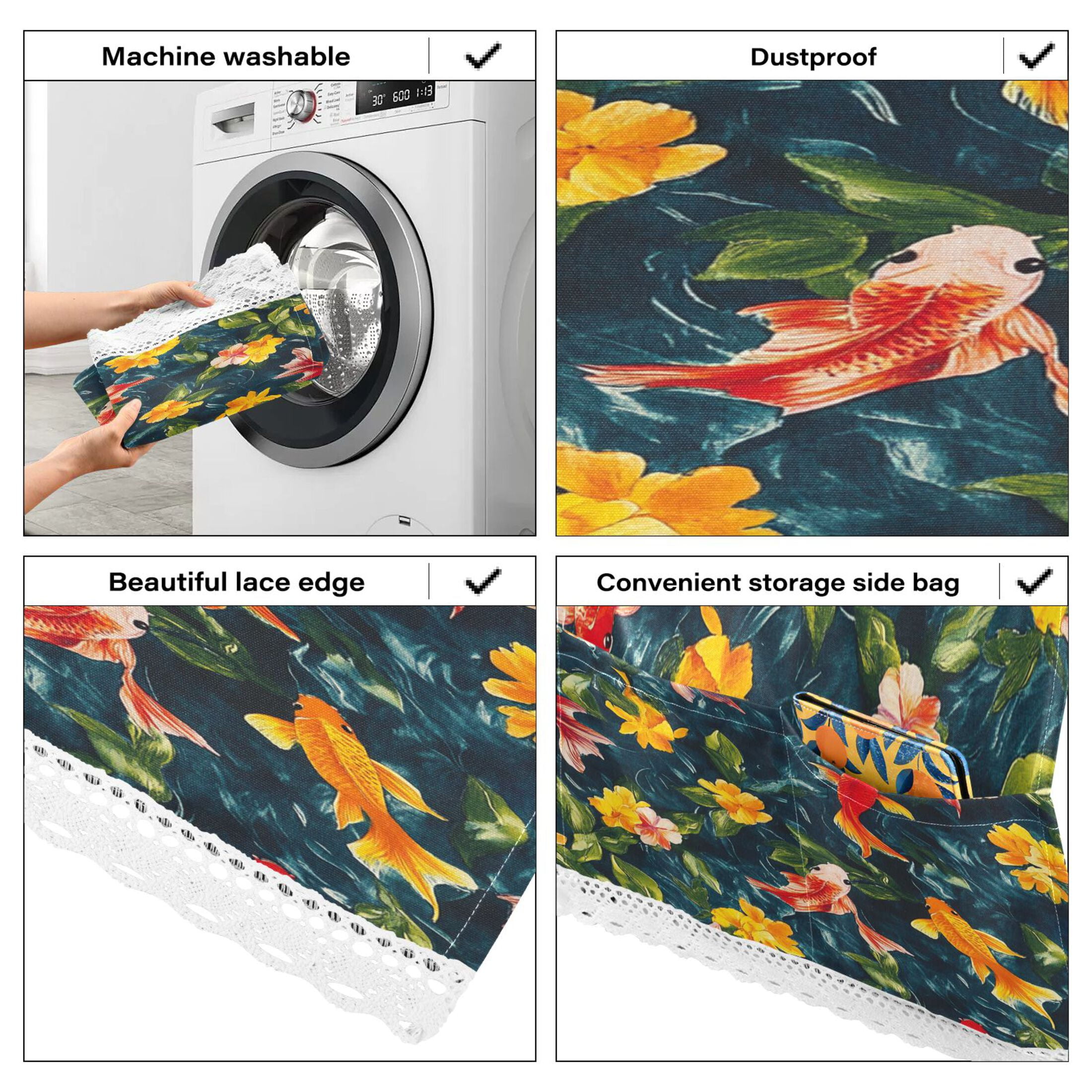Colorful GoldfishWasher and Dryer Covers Dust-Proof and Oil Resistant Fridge Cover with 4 Storage Pockets Washing Machine Top Cover for Laundry Kitchen Home 51.2 x 22 In