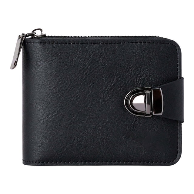 Cartera compacta vintage para hombre con cremallera, cierre de hebilla, bloqueo RFID, gran capacidad, múltiples ranuras, monedero corto de cuero delgado plegable para hombre, organizador de viaje