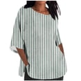 thumbnail image 2 of ALLLIST Crew Neck Ladies Tops Green 3/4 Sleeve Striped Cotton and Linen Casual Loose T-Shirts Blouse for Women, 2 of 4