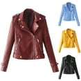 thumbnail image 1 of Flmtop Solid Color Women Faux Leather Lapel Motorcycle Jacket Long Sleeve Zip Up Coat, 1 of 7